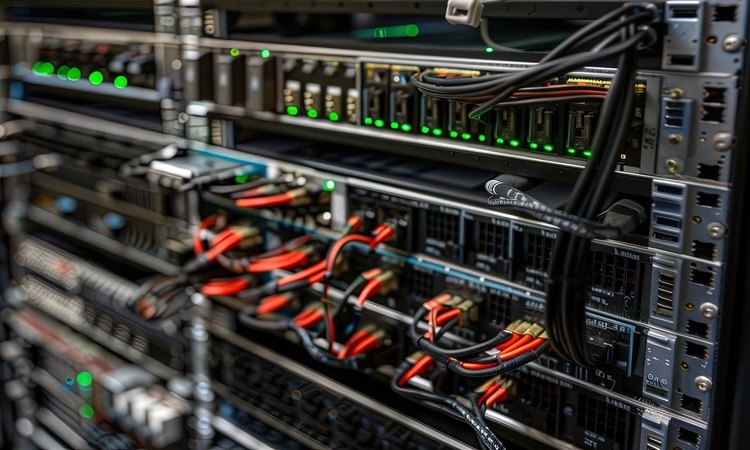 Close-up of mounted server racks with glowing green indicator lights and orange power cables inside a data center.